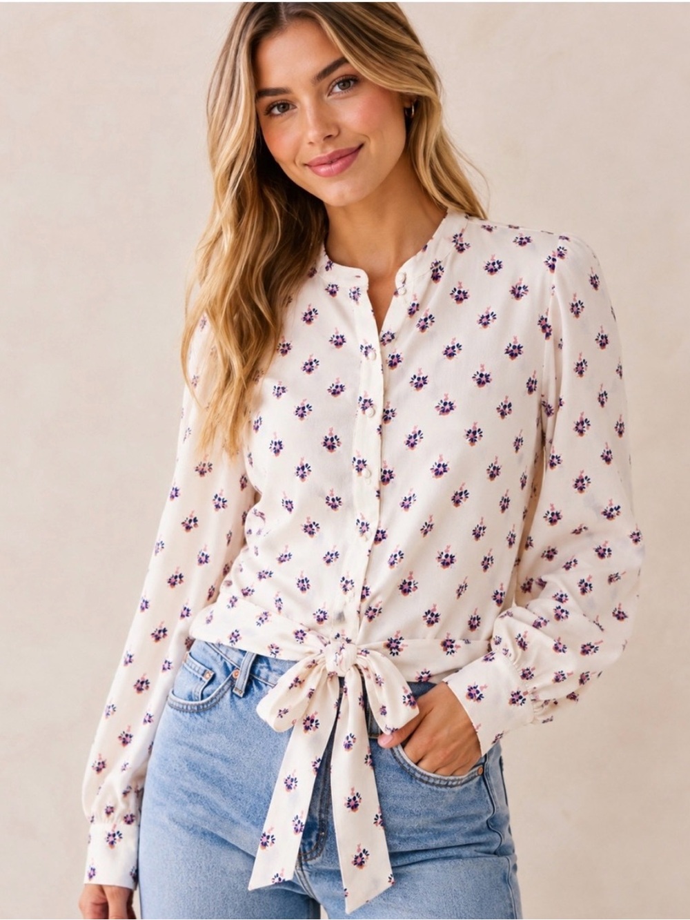 Baum Und Pferdgarten Cream Floral Tie-Waist Blouse with Purple Print